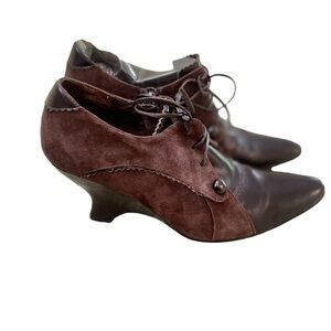 Beston Leon zipper & tie up brown leather & suede Oxford wedge shoes size 7